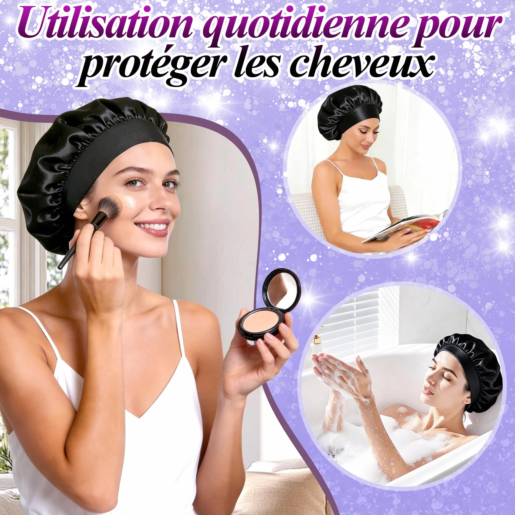 Lot de 2 Bonnets Satin Cheveux Nuit Anti-frisottis - Noir + Argent