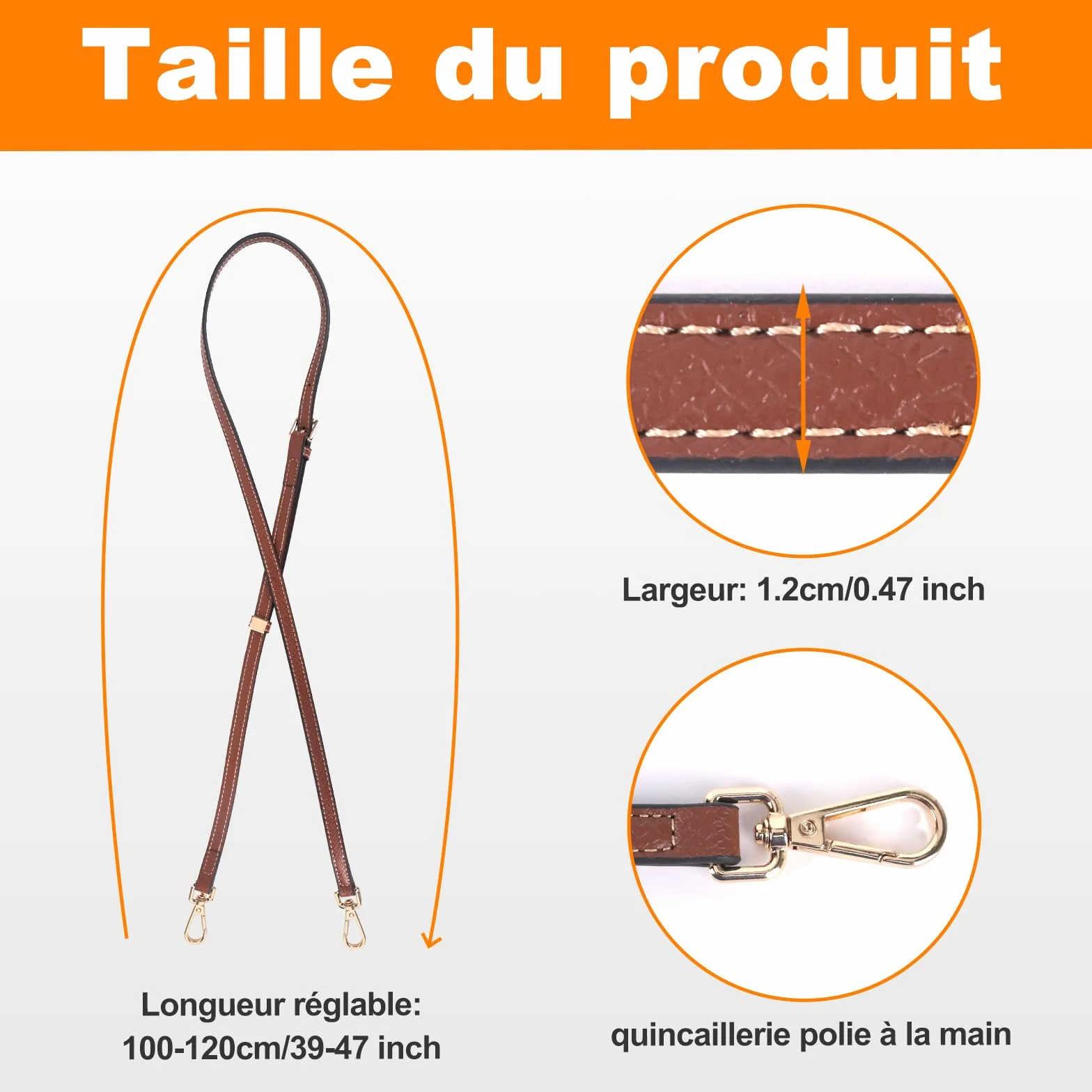 Bandoulière pour Sac Longchamp Mini Femme, Cuir Double Face Cognac, Sangle Sac Bandoulière, Anse Sac à Main, No-Punch Strap Mini (Largeur 1.2cm)