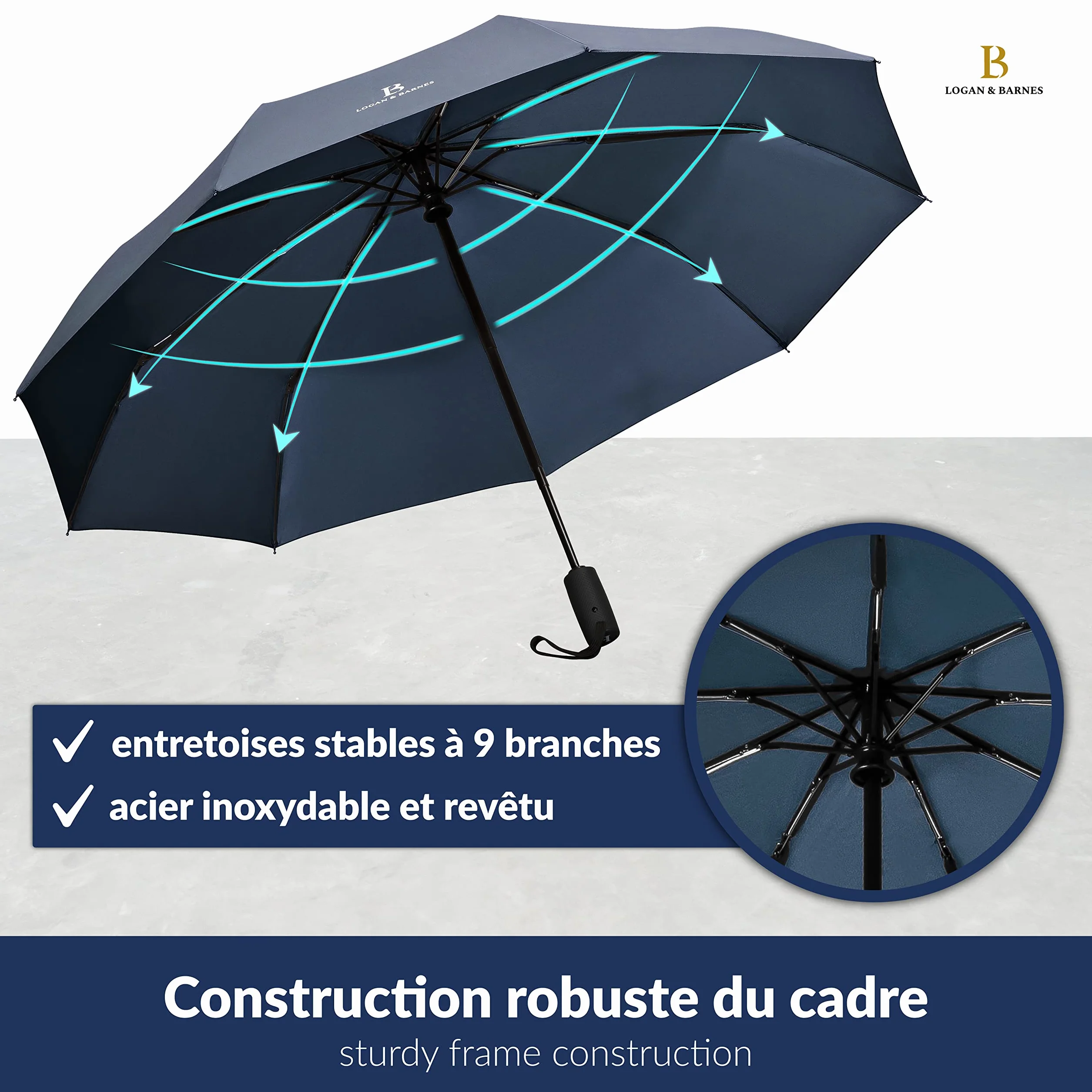 LOGAN & BARNES Parapluie résistant aux tempêtes 140 km/h – Parapluie de poche Boston revêtement téflon