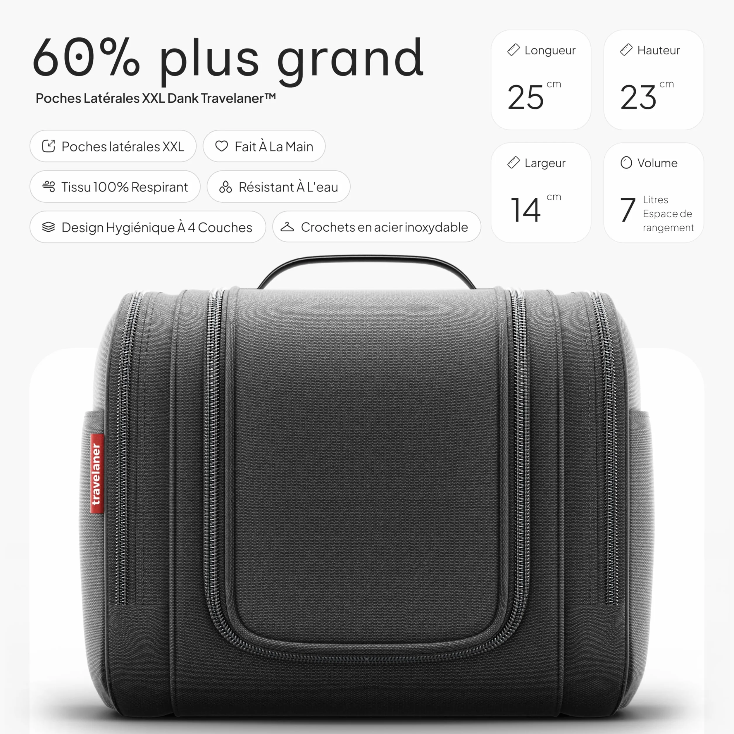 Travelaner® Trousse de Toilette Homme Femme 3-en-1 Voyage Suspendre 7L Imperméable Noir Mat