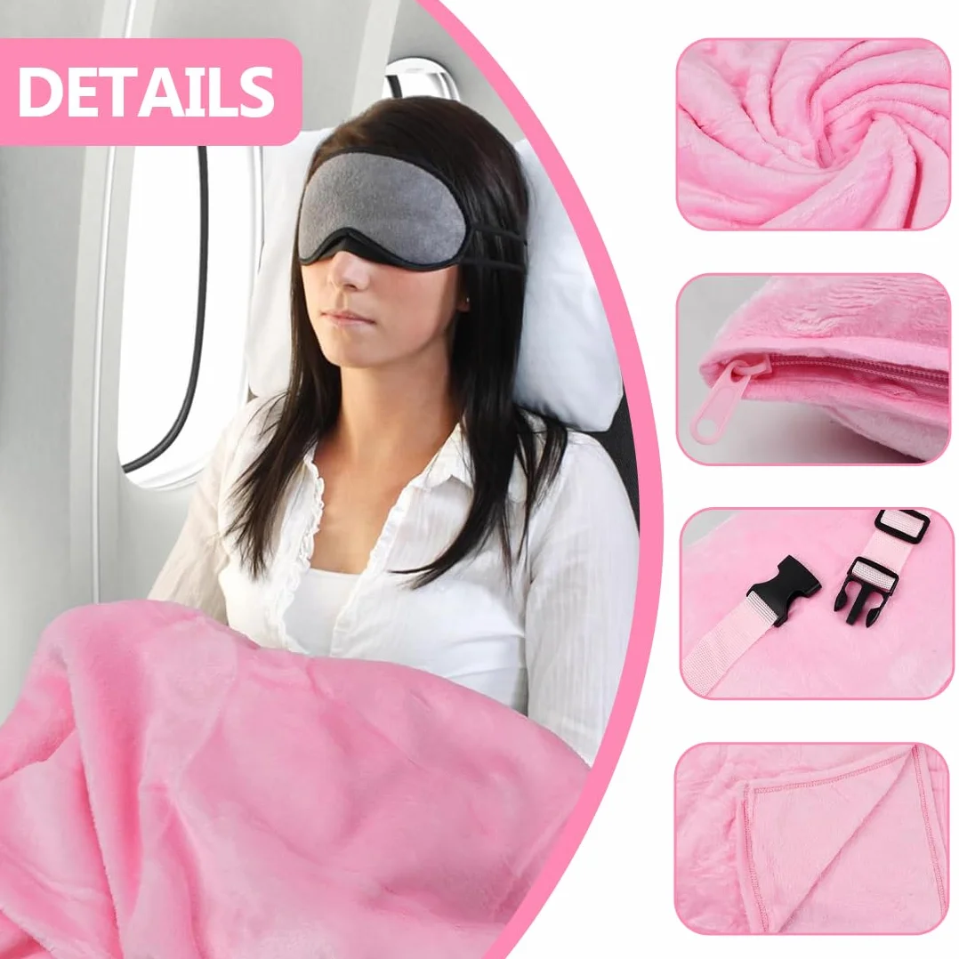 NHQZ Couverture de Voyage Douce et Chaude pour Avion et Voiture - Oreiller Compact avec Clip pour Sac à Dos (Rose)