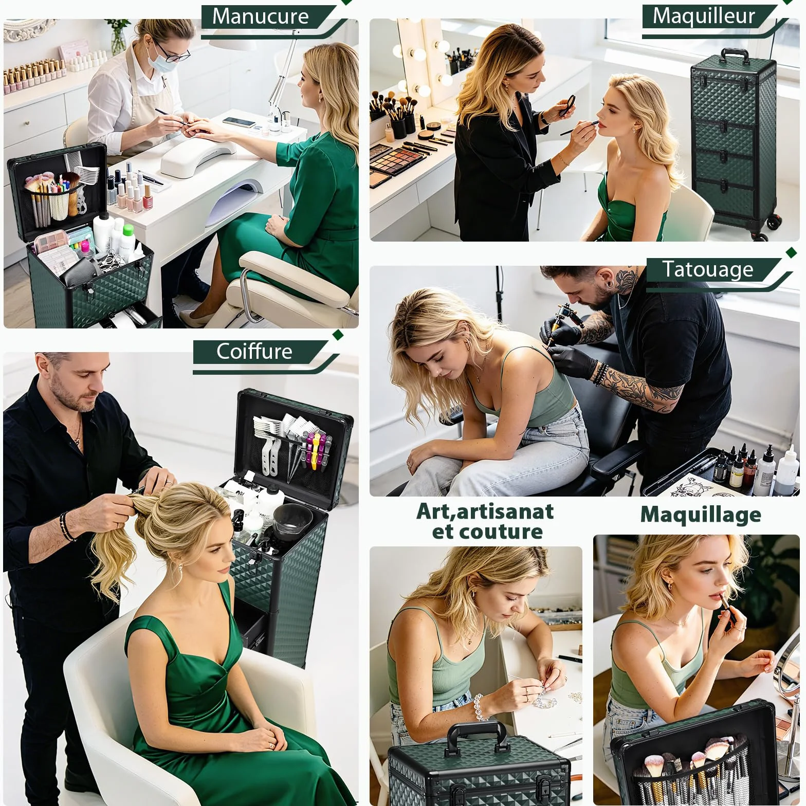 Valise de Maquillage à Roulettes Professionnelle 3 Tiroirs Verrouillage Vert