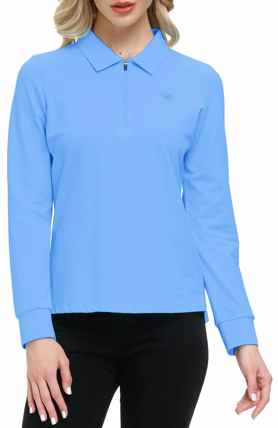 Polo Femme Manches Longues Coton Sport Golf Tops Zippé