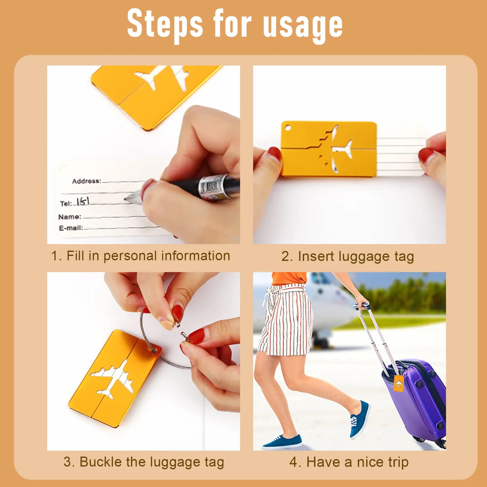 Étiquettes à Bagage en Aluminium 7,5x4,5cm Lot de 6 avec Cordes en Acier Inoxydable pour Voyage
