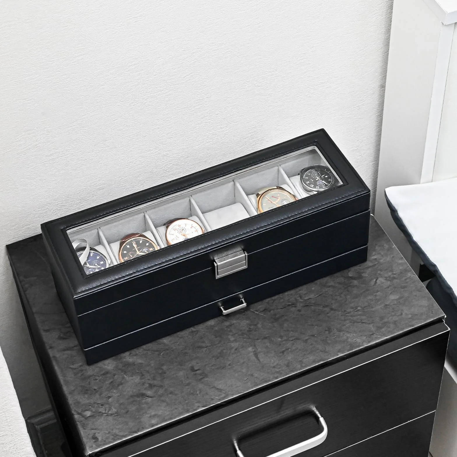 ProCase Boite a Montre 2 Niveaux 6 Emplacements avec Coussins Couvercle en Verre Noir