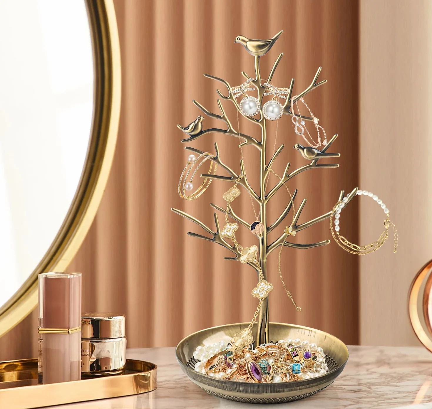 Arbre à Bijoux en Metal avec Socle Bambou, Porte-Bijoux Présentoir