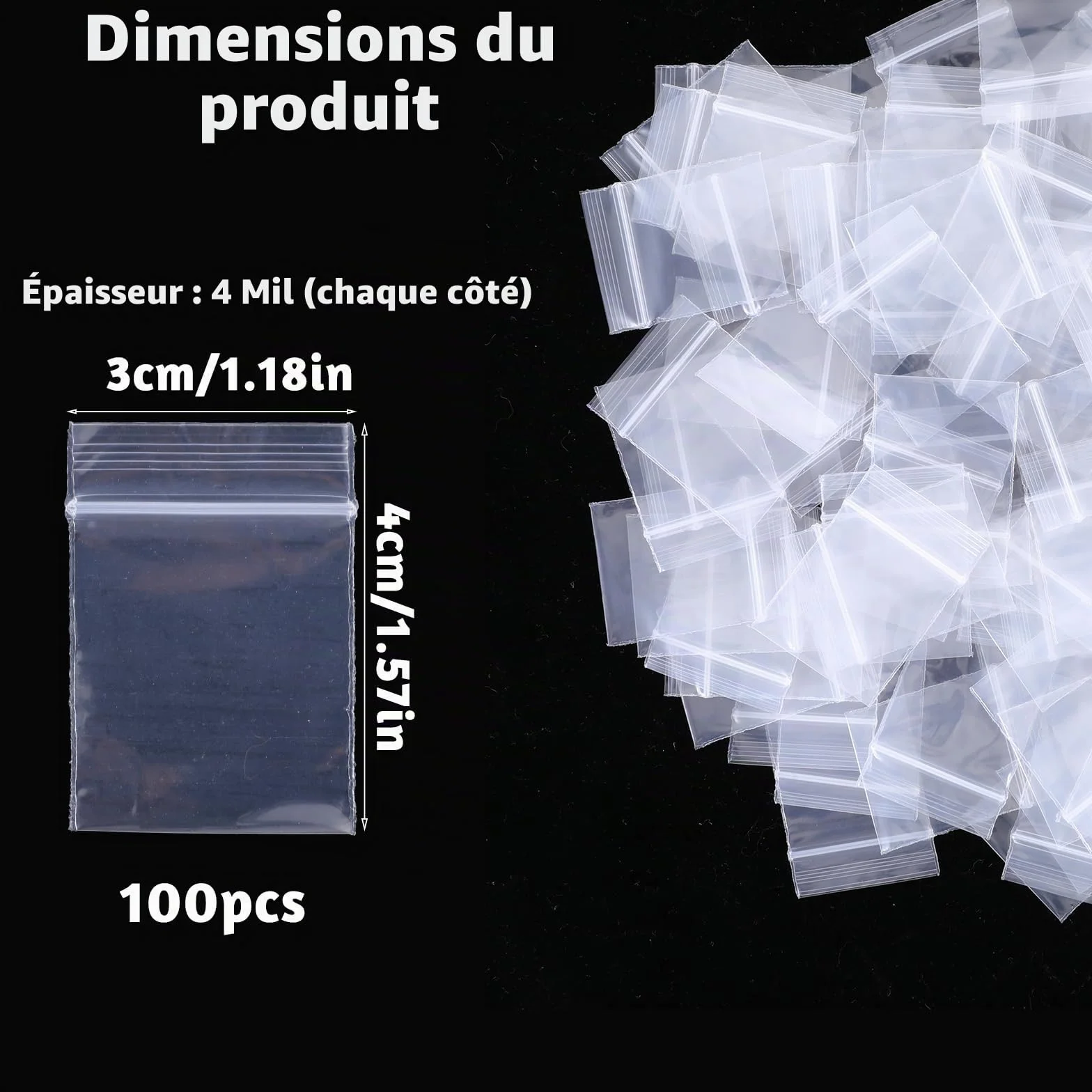 Lot de 100 petits sacs en plastique transparents 4 x 3 cm réutilisables pour bagues boucles d'oreilles bonbons