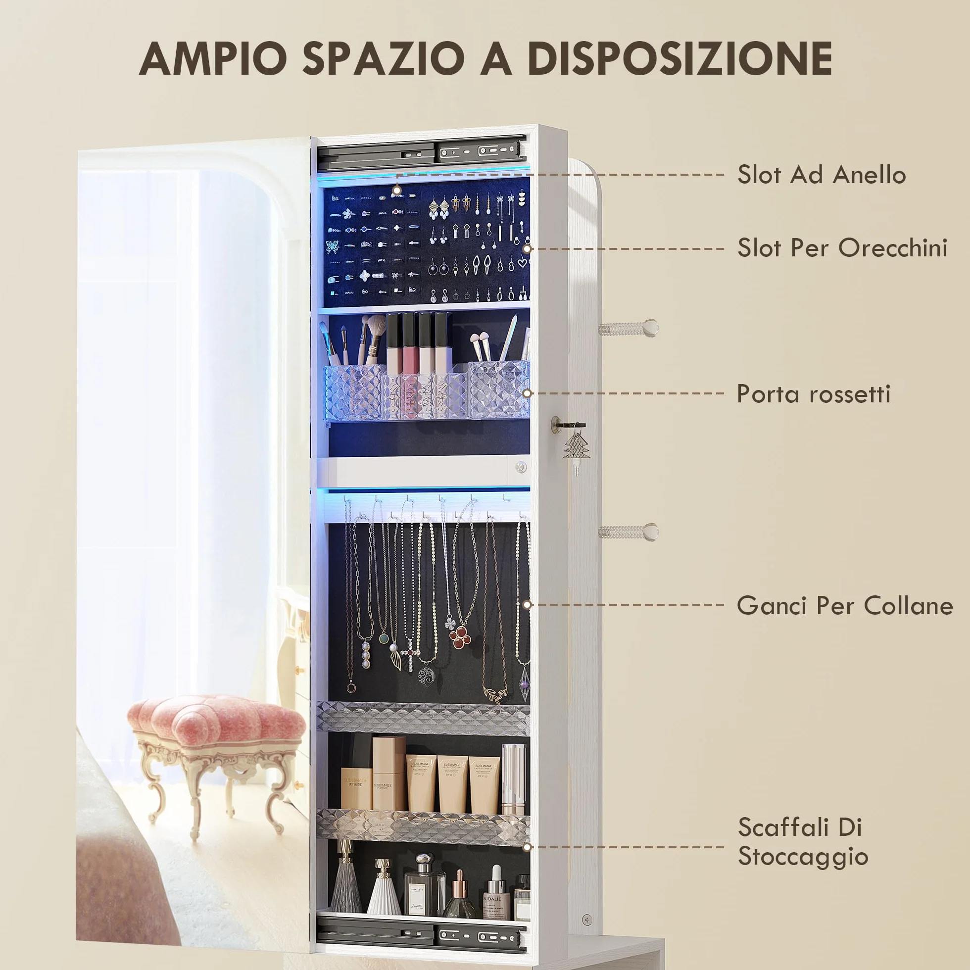 HOMCOM Armoire à bijoux pivotante 360° avec miroir LED, organisateur verrouillable, blanc