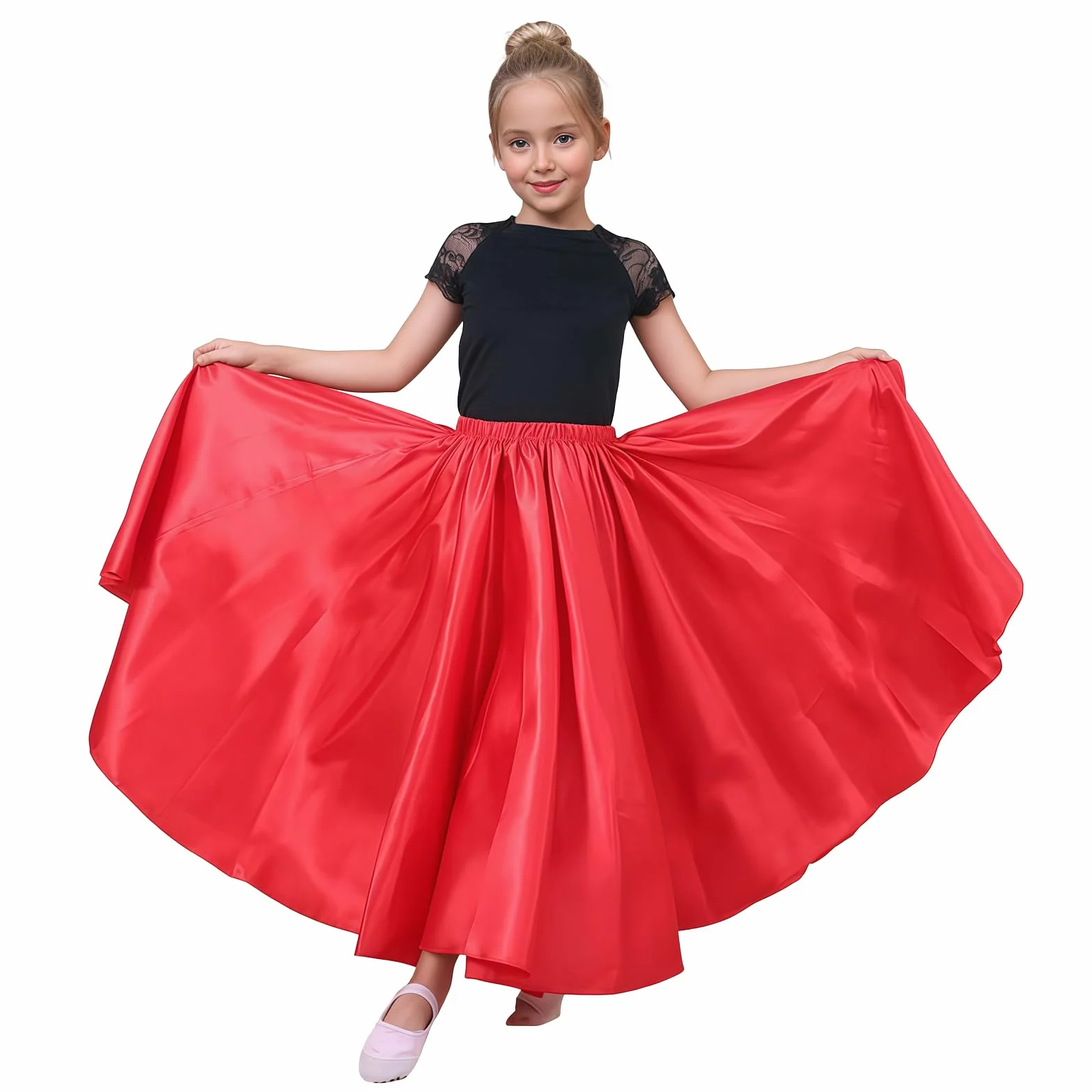 Jupe de Danse Orientale pour Fille, Jupe Longue en Satin Brillant pour Danse du Ventre, Flamenco