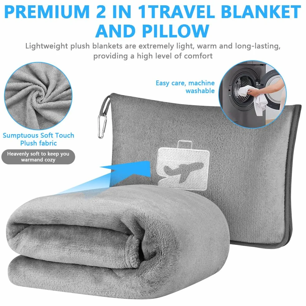 flintronic Couverture de Voyage Avion 2 en 1 Oreiller et Couverture Doux Chaud avec Masque de Sommeil Bouchons d'oreille Pince Sac à Dos Gris