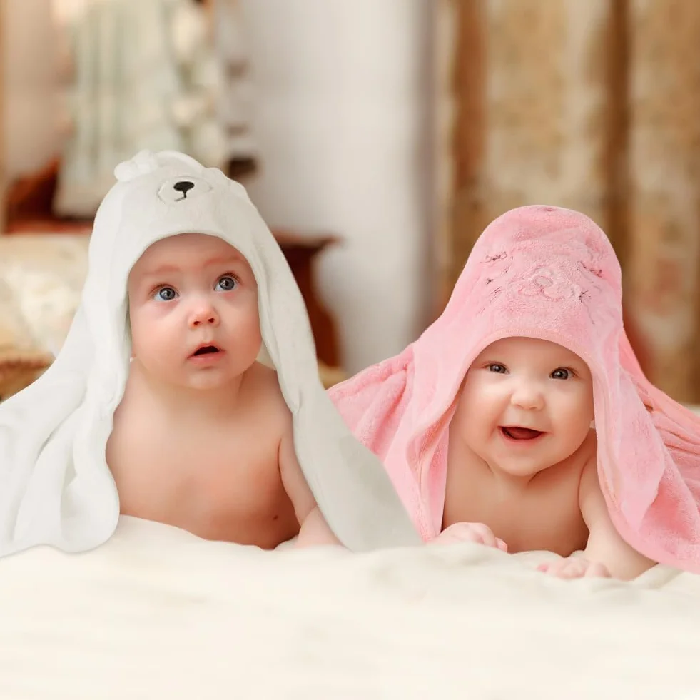 Serviette de Bain Capuche Bébé 80x80 cm Cape de Bain Doux Absorbant Ours Blanc