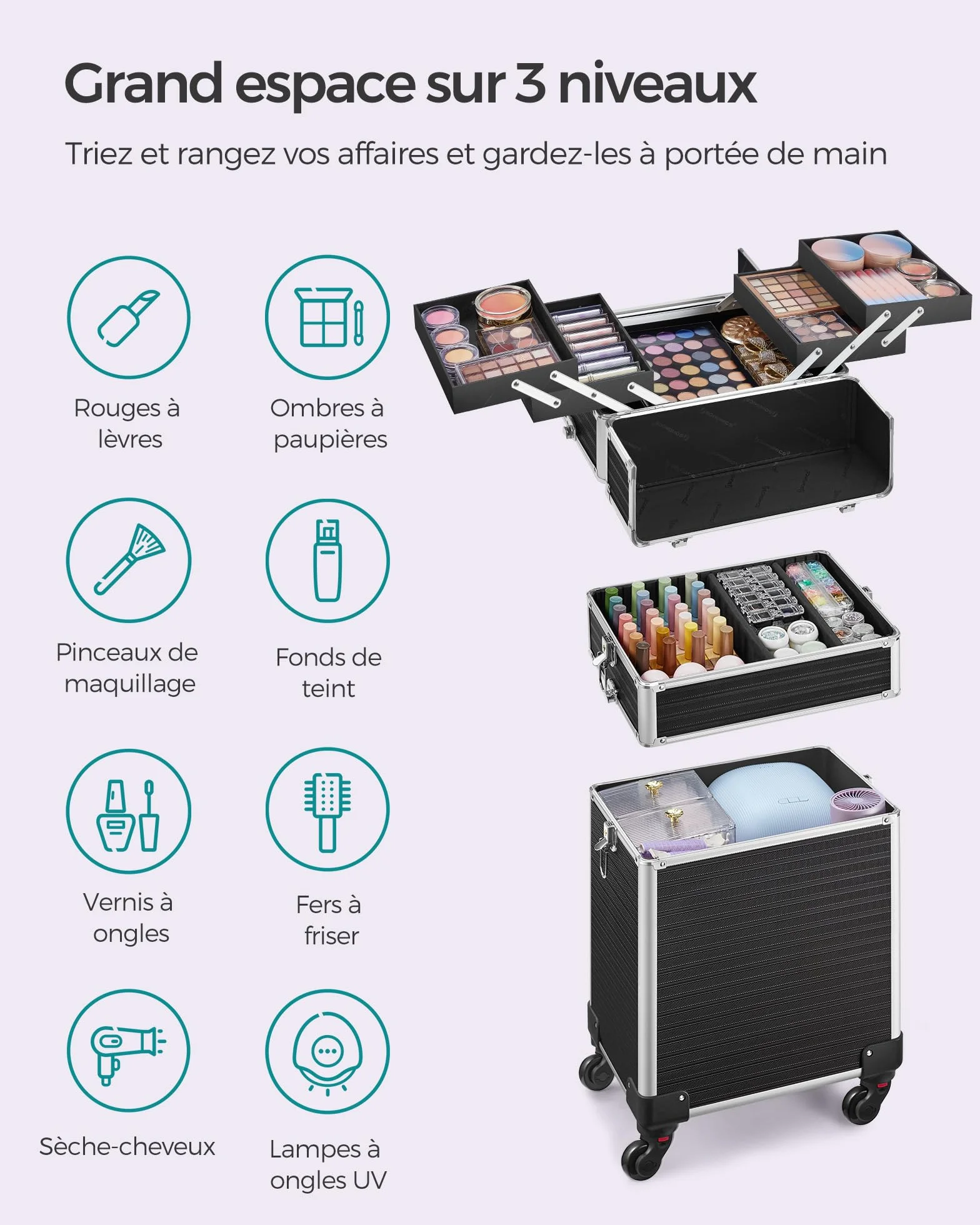 SONGMICS Valise de Maquillage Professionnel 3-en-1, Mallette Cosmétique XXL 34 x 24 x 70,5 cm, Noir
