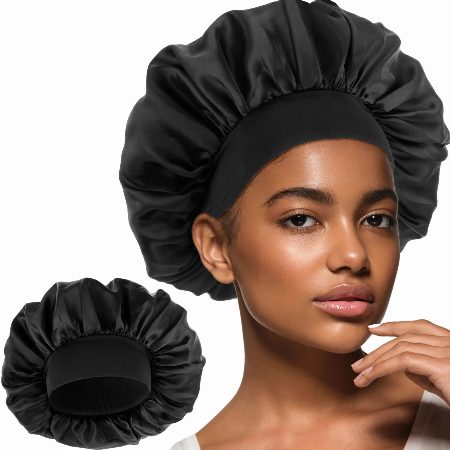 Bonnet en soie double couche élastique noir réglable pour homme femme