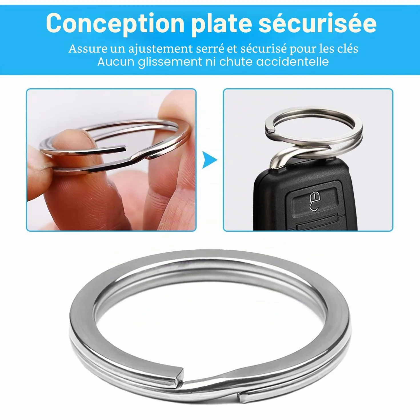 Porte-clés en Acier Inoxydable 30 mm, Lot de 50 Anneaux Porte Clés Plats et Sûrs