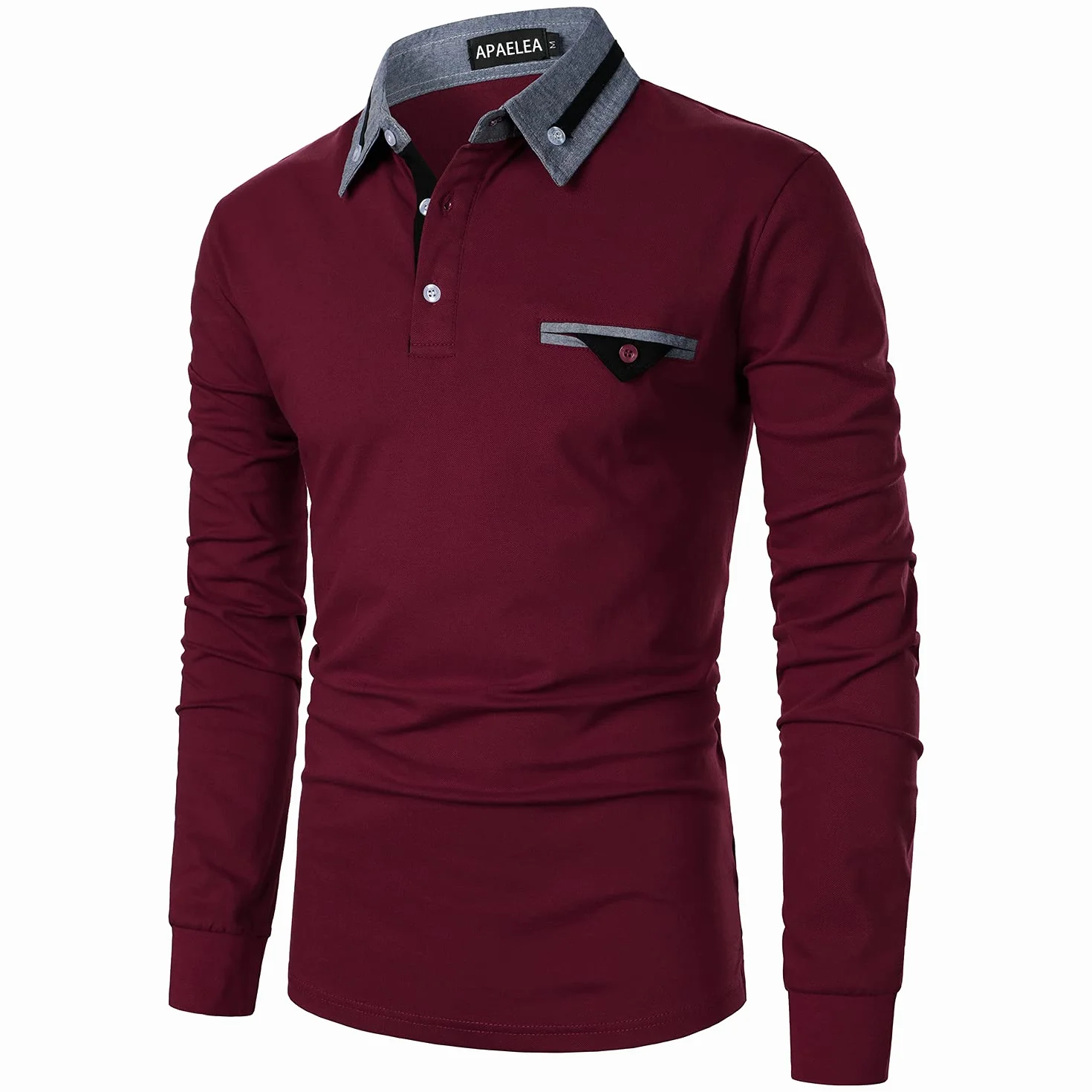 Polo de Golf Homme Manches Longues Coton Contrasté Plaid Tennis Shirt