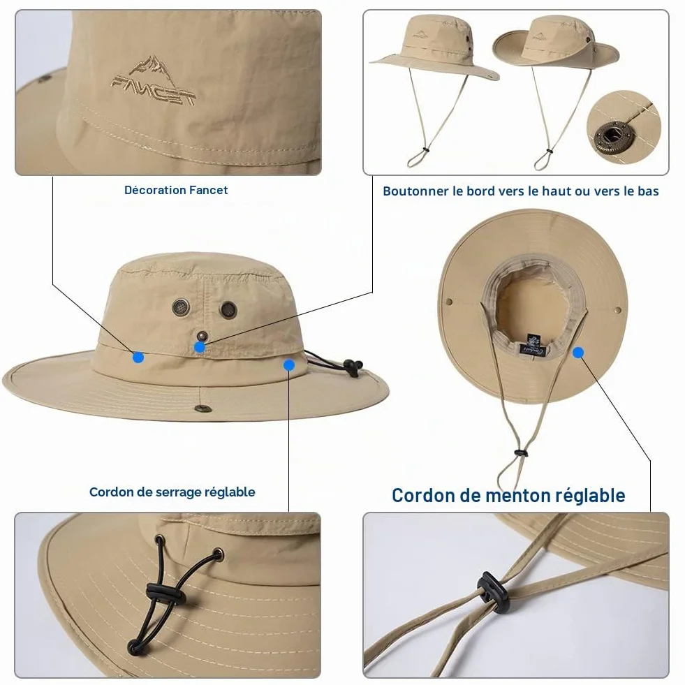 Comhats Grand chapeau de soleil pour homme XL-XXL, large bord UV Safari, imperméable coupe-vent 60-66 cm