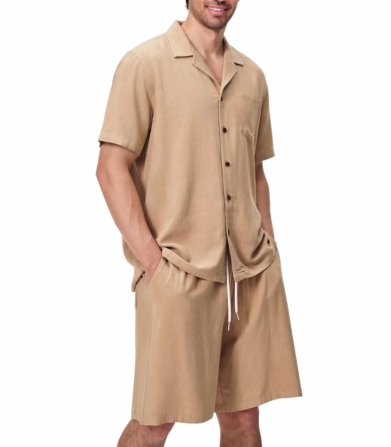 Ensemble Lin Homme 2 Pièces Chemise Manches Courtes Short Plage Été Décontracté