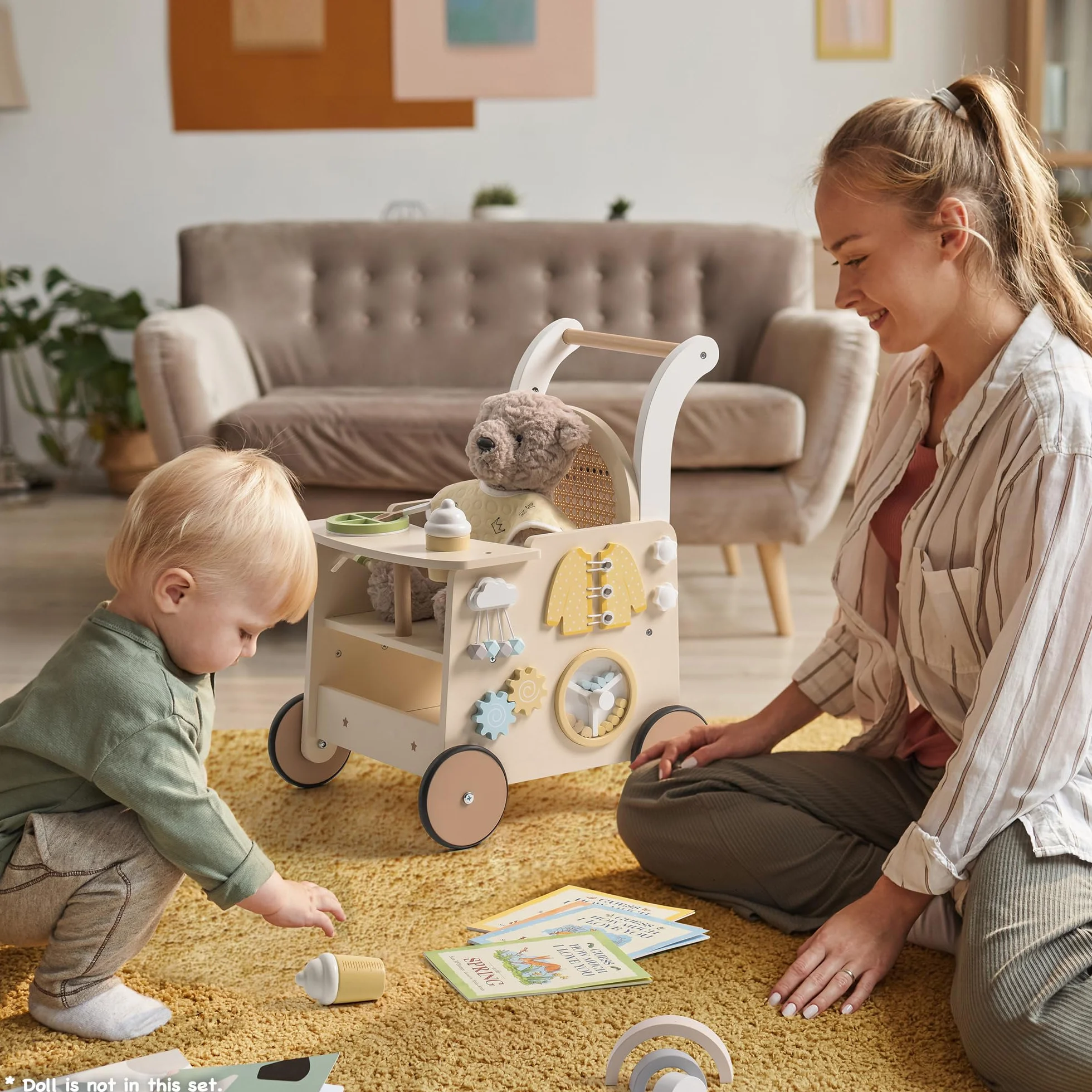 ROBOTIME landau en bois pour bébé, poussette de marche à pousser/tirer, marcheur avec contrôle de vitesse, dès 10 mois