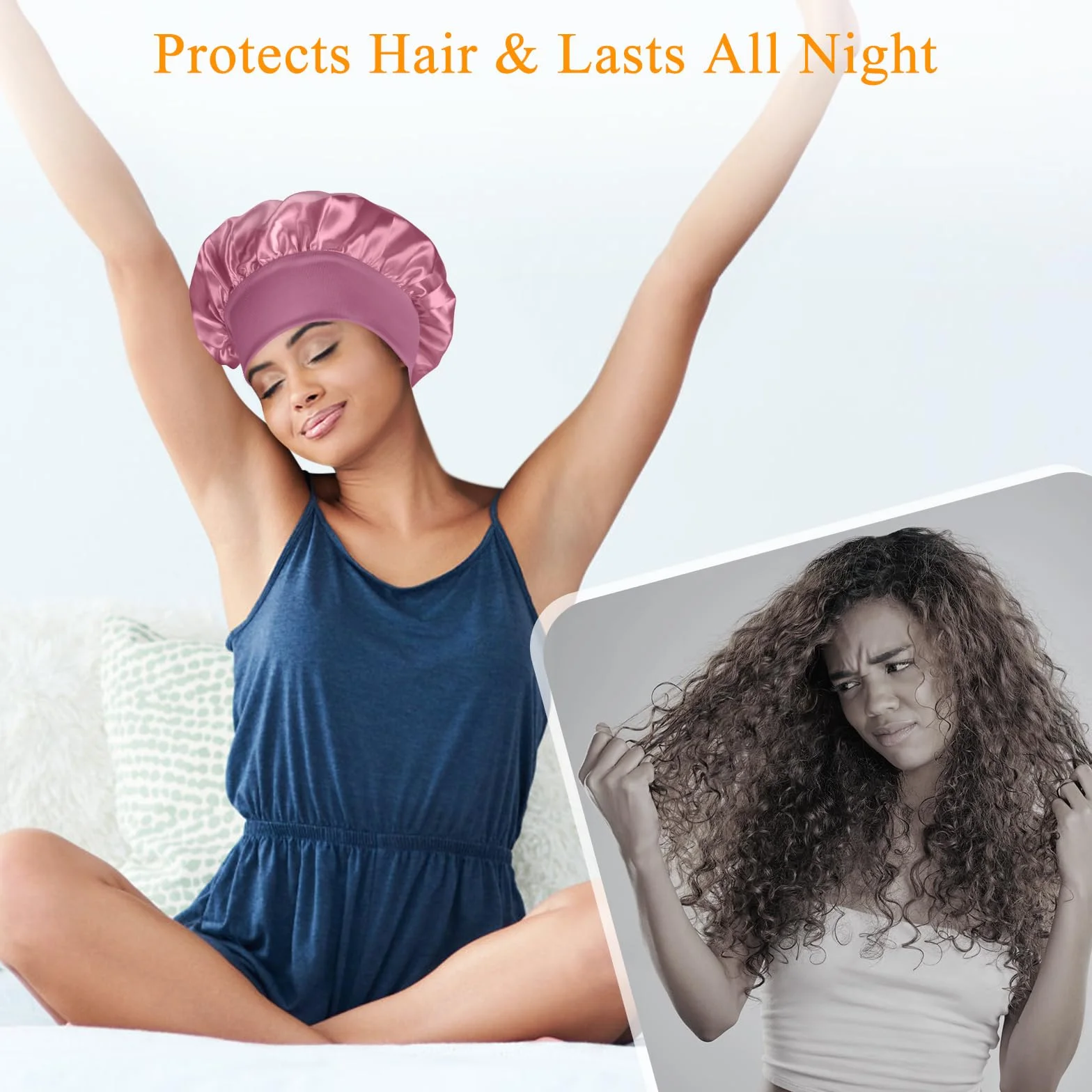 Bonnet Satin Cheveux Nuit Ajustable Élastique Femme Soin Cheveux Bouclés 2 Pièces