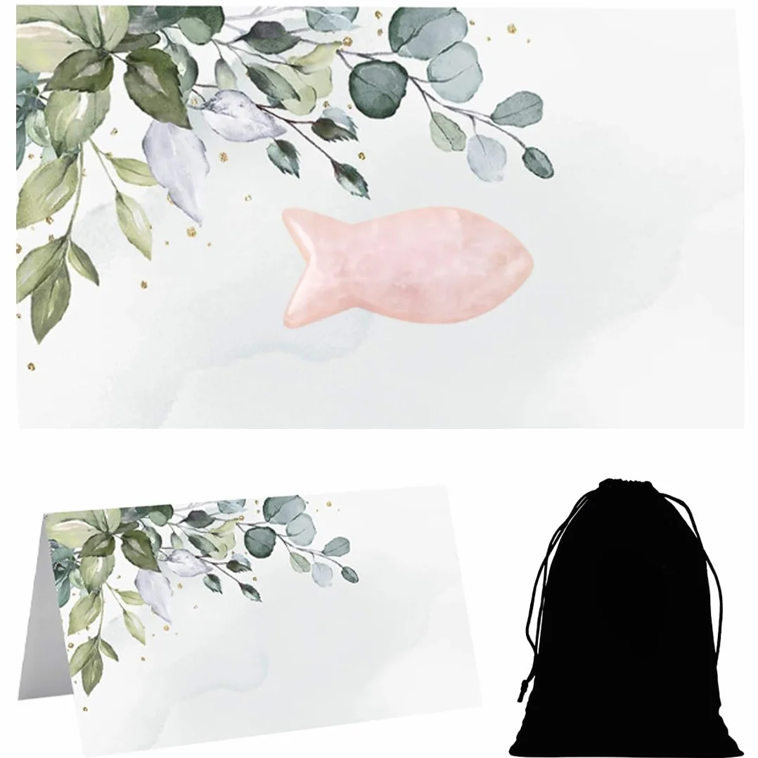 Cadeau de Baptême Poisson en Quartz Rose avec Carte Cadeau pour Fille Communion Confirmation