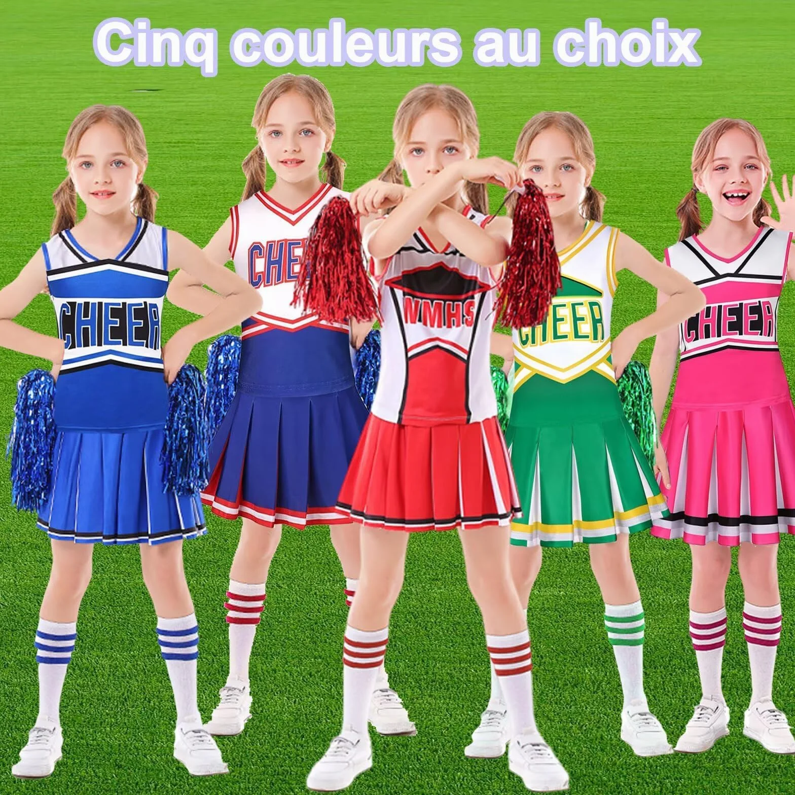 Déguisement Cheerleader Pompom Girl Fille 6-12 Ans avec Pompons Halloween Carnaval