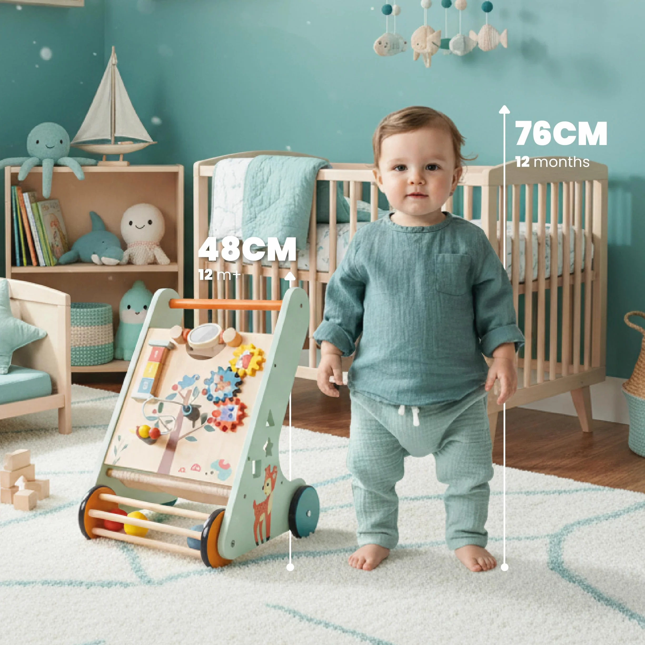 Trotteur bébé XXL en bois avec tableau d'activité, chariot de marche pour garçon et fille (Bleu)