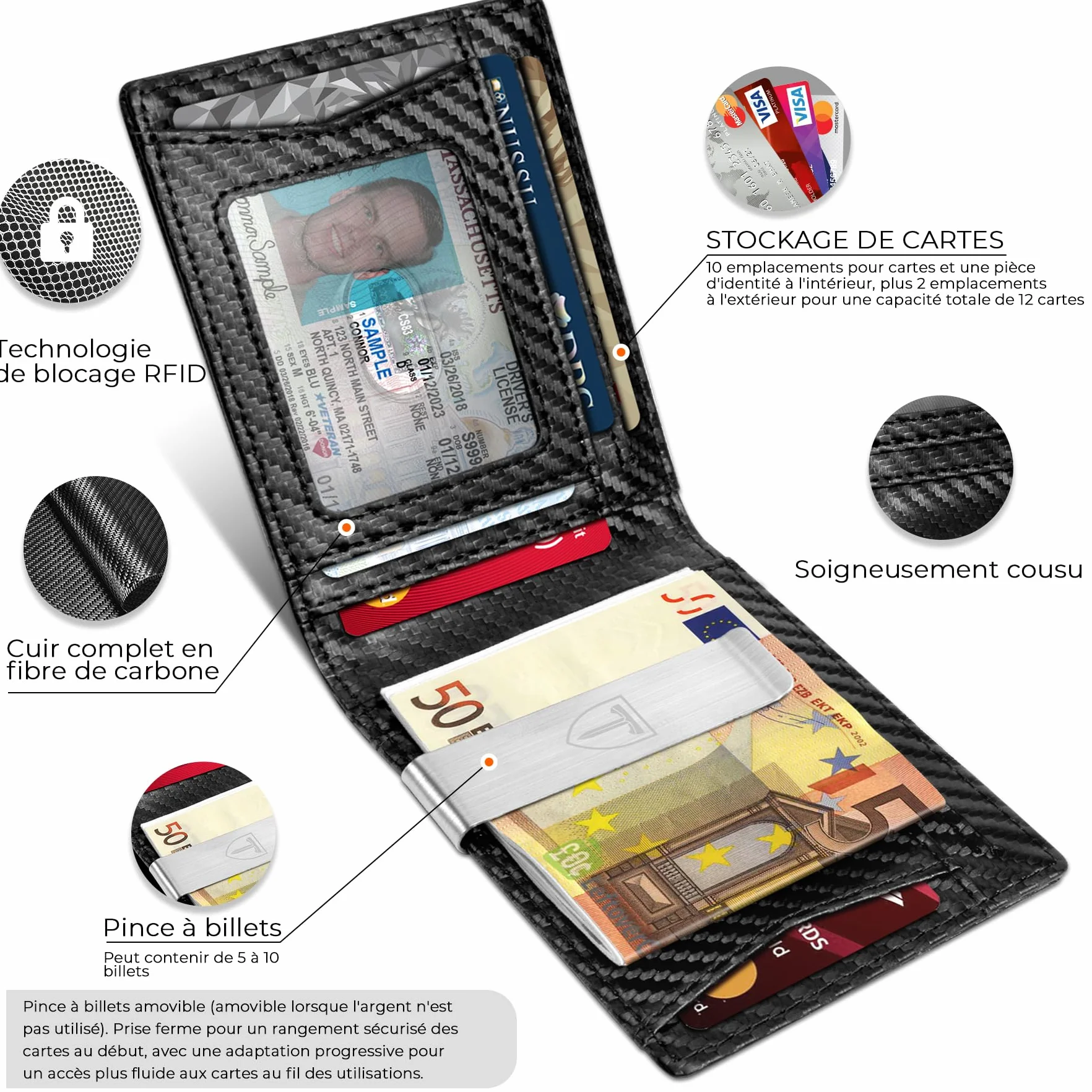 TEEHON Portefeuille Homme Slim Cuir Fibre Carbone Blocage RFID Bi-Fold Noir