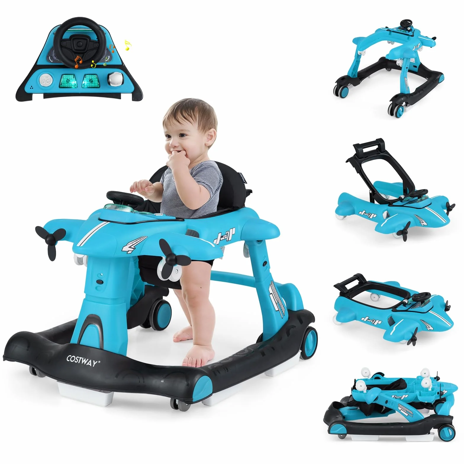 COSTWAY 6 en 1 Trotteur Bébé Pliable avec Hauteur Réglable, Roues Silencieuses, Charge 12kg (Bleu)