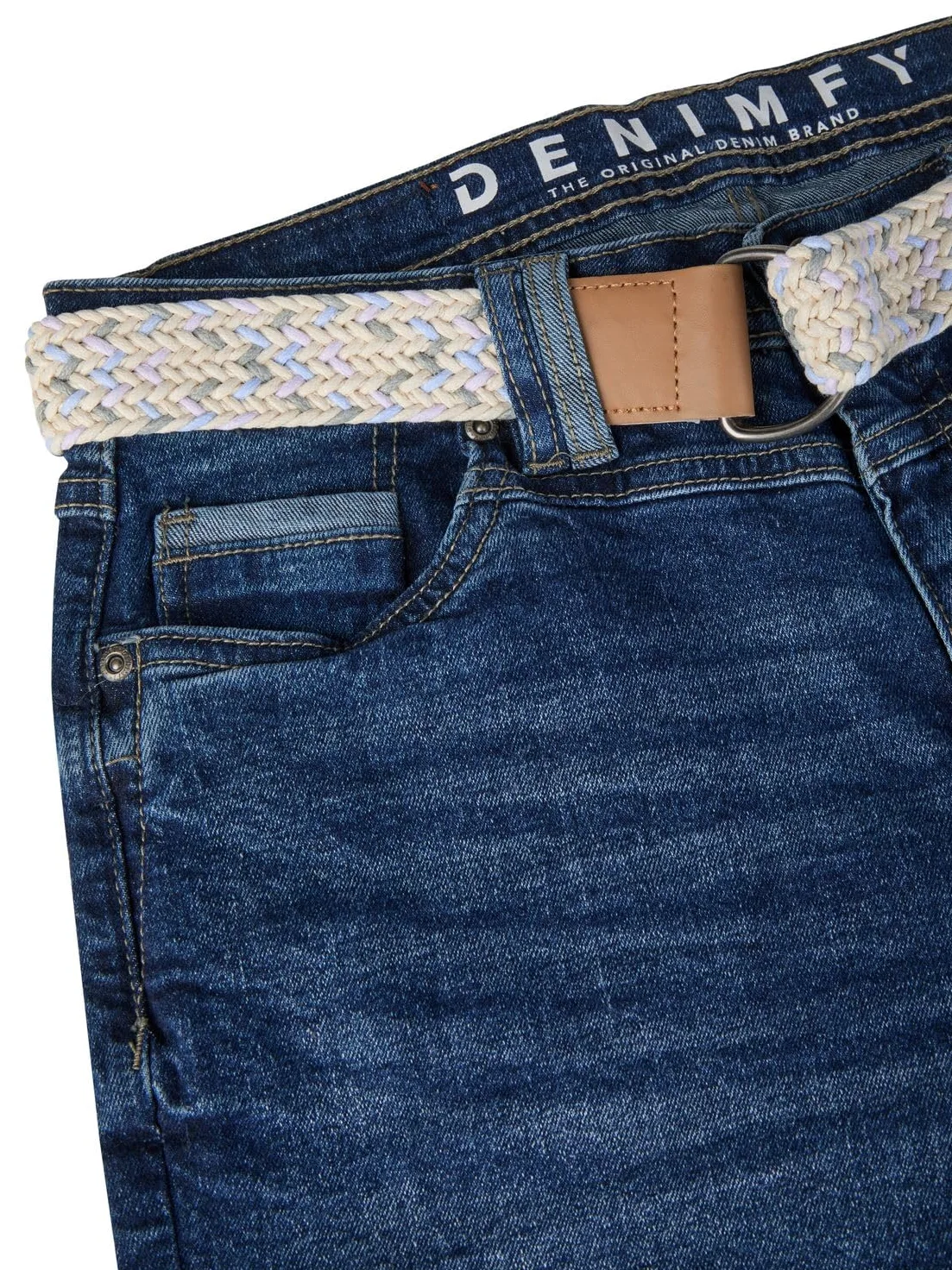 DENIMFY DFLena Short en jean pour femme avec ceinture - Coupe droite - Pantalon d'été en denim stretch - Couleur unie - Bleu - Tailles S, M, L, XL, XXL