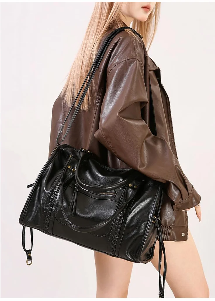 Sac à Main Femme Vintage Cuir PU Grand City Bag Bandoulière Ajustable