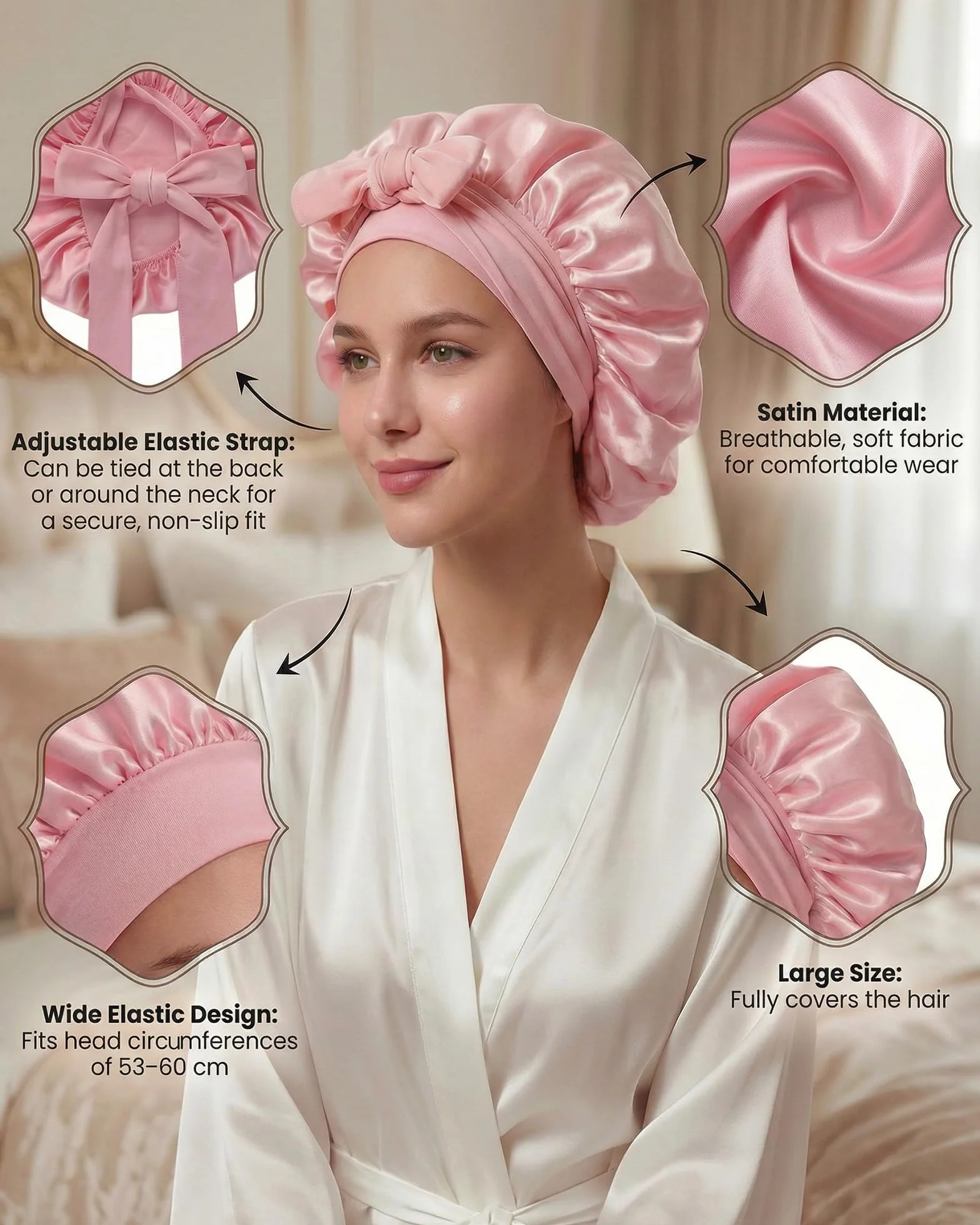 Lot de 2 Bonnet Satin Cheveux Nuit pour Femmes Cheveux Longs Bouclés Doux Respirant