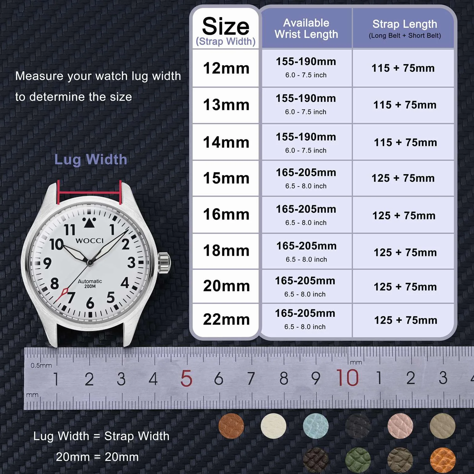 WOCCI Bracelet de Montre Cuir Grain Supérieur Libération Rapide Bande Remplacement Boucle Acier Inoxydable 12mm 14mm 16mm 18mm 20mm