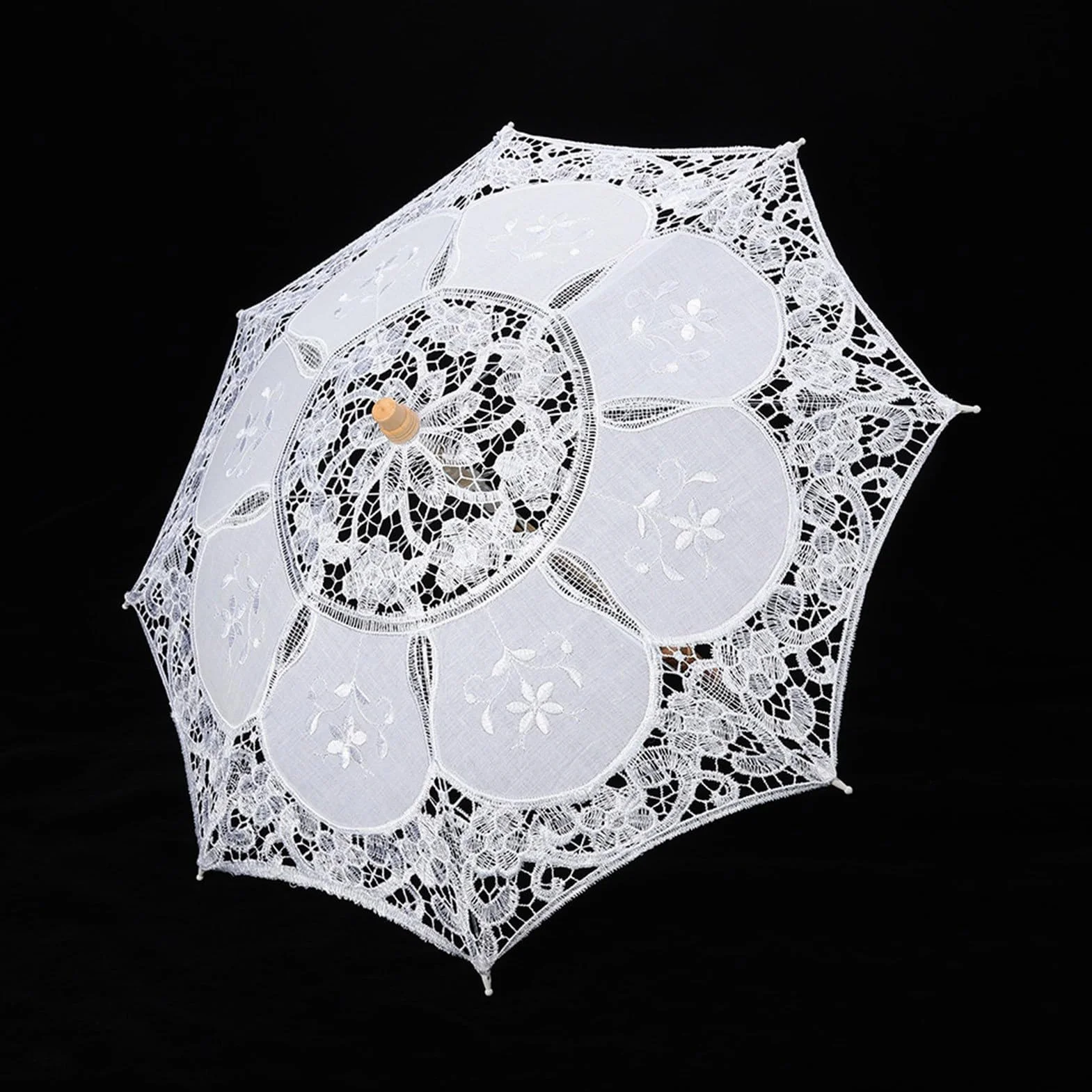 Parapluie de Mariée en Dentelle avec Manche en Bois, Broderie Fleurs Faite à la Main (L)
