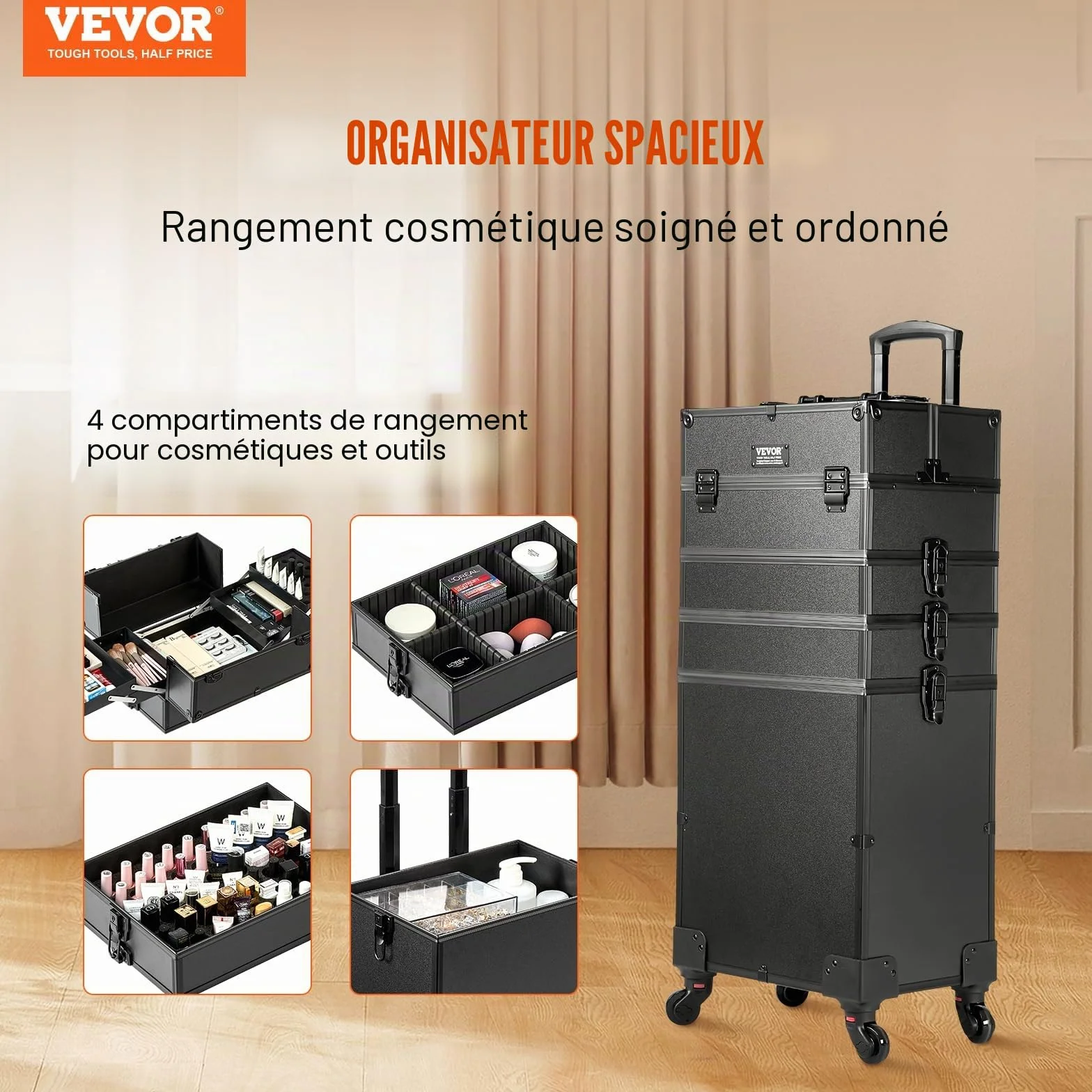 VEVOR Mallette de Maquillage à Roulettes 5en1 Valise de Rangement Aluminium Trousse Maquillage Professionnelle Voyage Roues Pivotantes 360° Noir