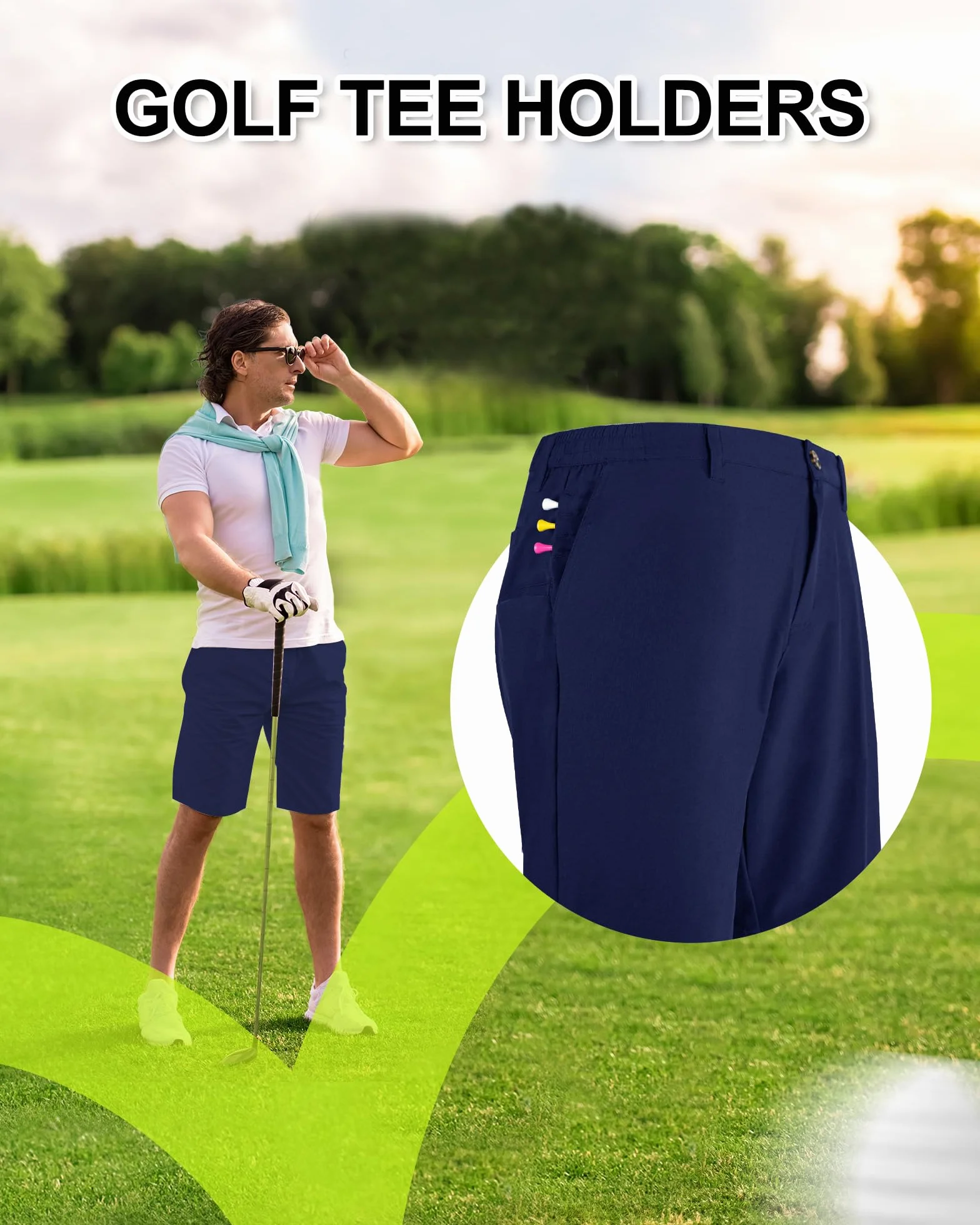 Short de golf stretch UPF 50+ pour homme - Léger - Séchage rapide - 22,4 cm