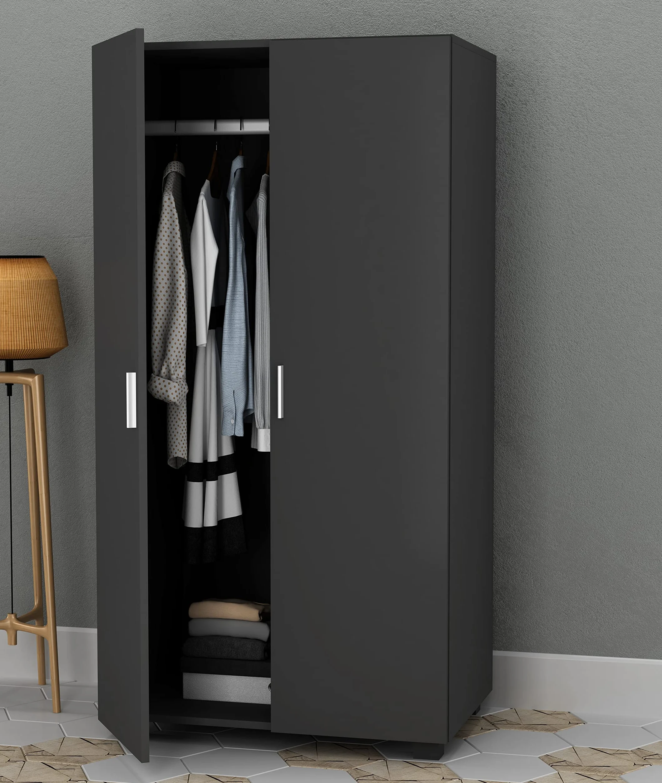 URBNLIVING Orlando Armoire en bois 2 portes avec barre suspendue noir