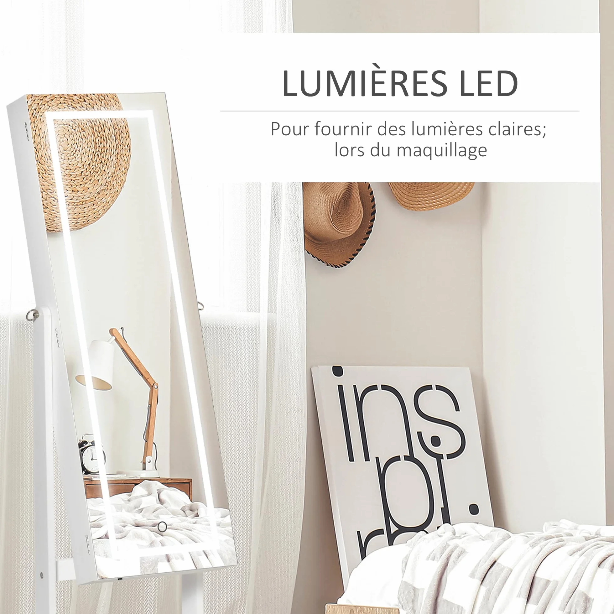 HOMCOM Armoire à bijoux LED avec miroir sur pied blanc