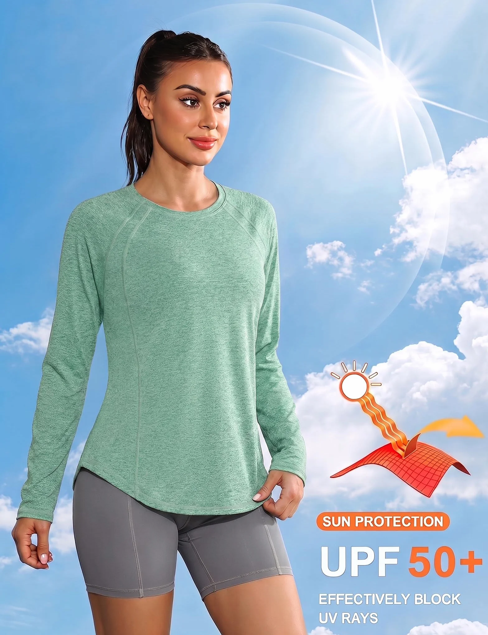 Gyabnw T-Shirt Sport Femme Manche Longue Col Rond Anti UV