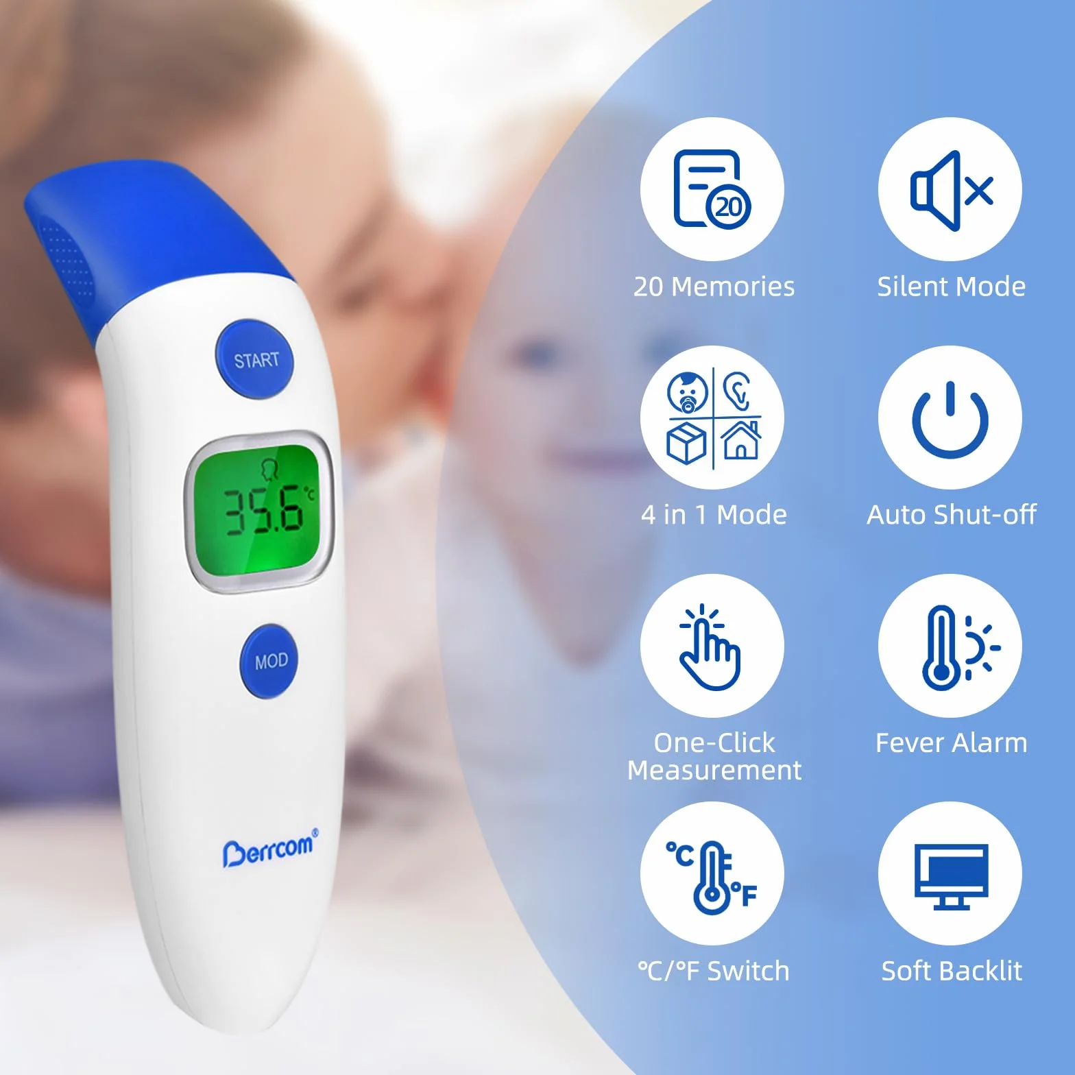 Berrcom Thermomètre frontal et auriculaire numérique sans contact infrarouge bébé adulte