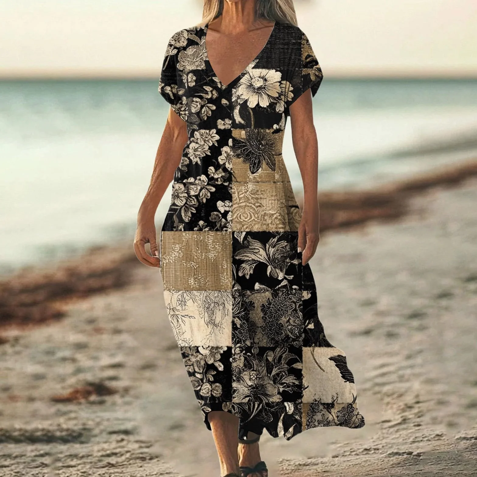 Robe Longue Femme Bohème Coton Lin Imprimé Ethnique Robes de Plage Fluide Hawaii Col en V Exotique Ample Vintage