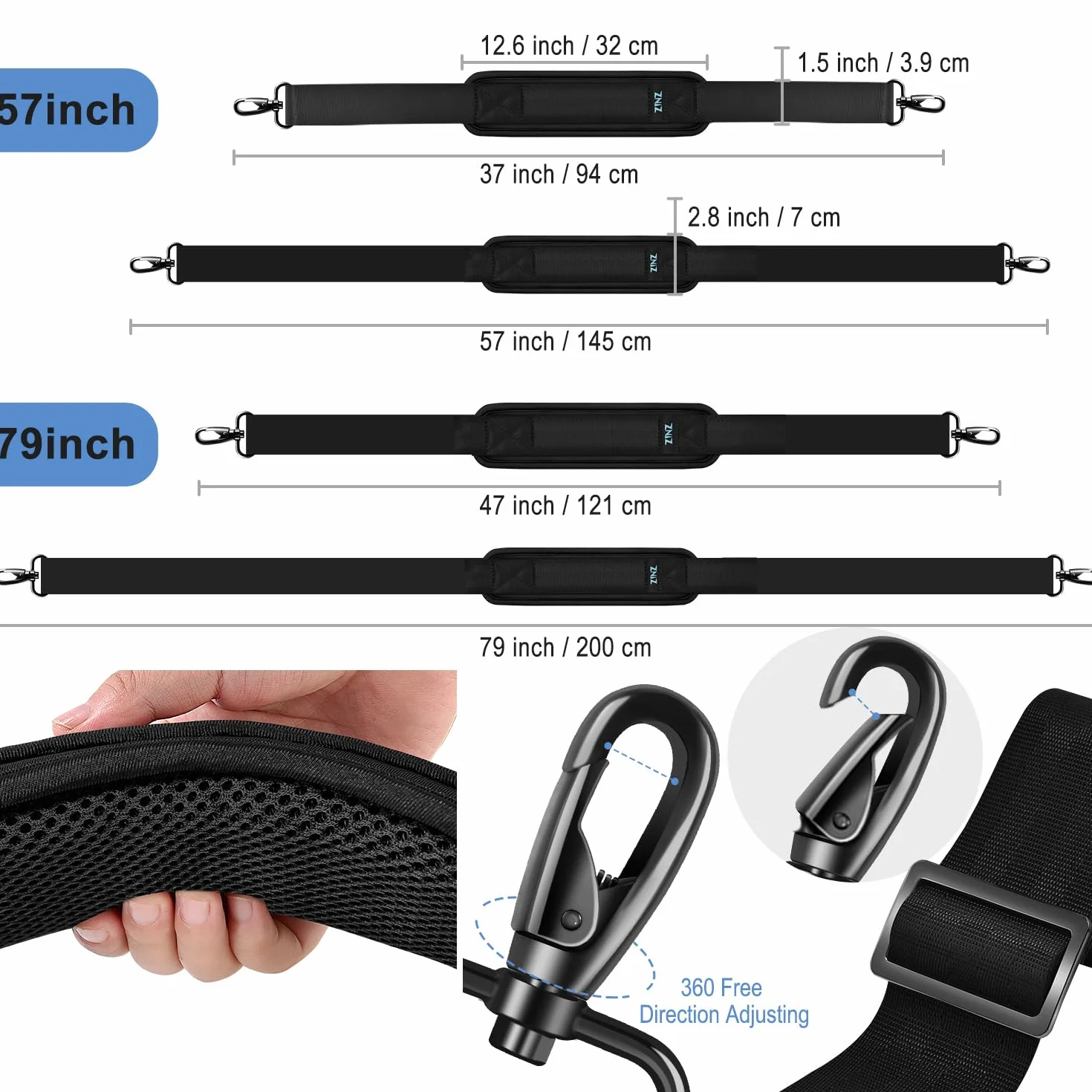 ZINZ Sacoche Bandoulière Ajustable Rembourré 79" avec Anneau en D