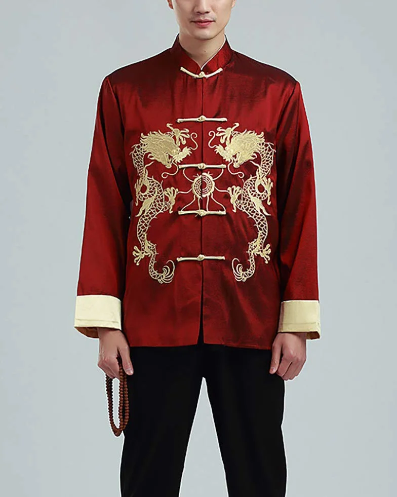 Costume de Tang Chinois Traditionnel Tai Chi Veste Broderie Double Dragon pour Hommes Femmes