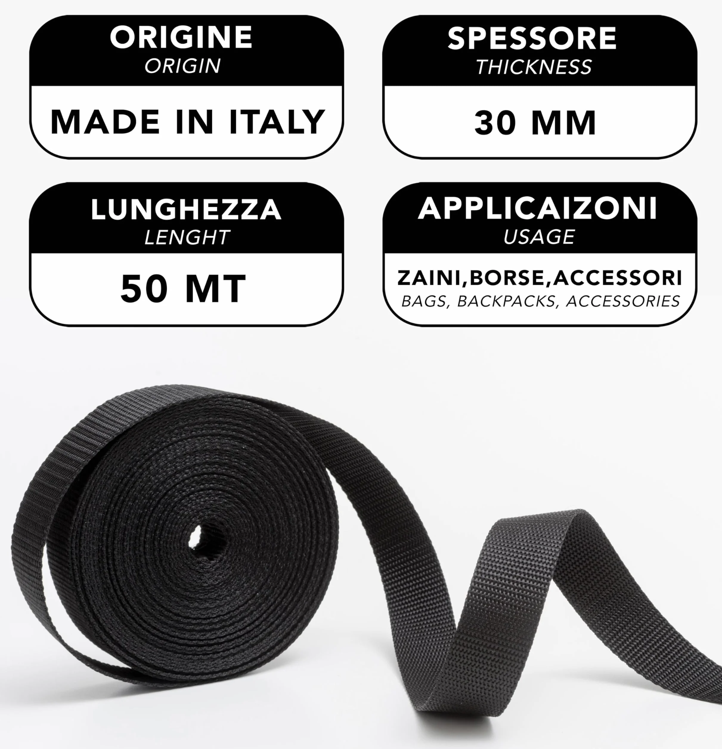 Sangle Rigide en Nylon IPEA 10 mètres Multifonction pour Sac à Dos 20/25/30/40 mm Noir 3 cm