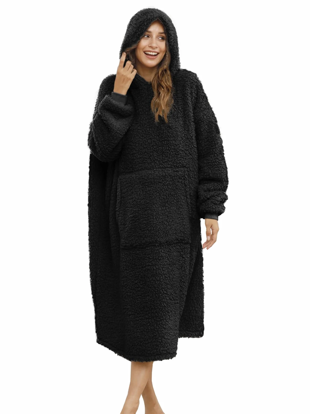 Couverture Sherpa Portable avec Capuche Oversize Noir Taille Unique