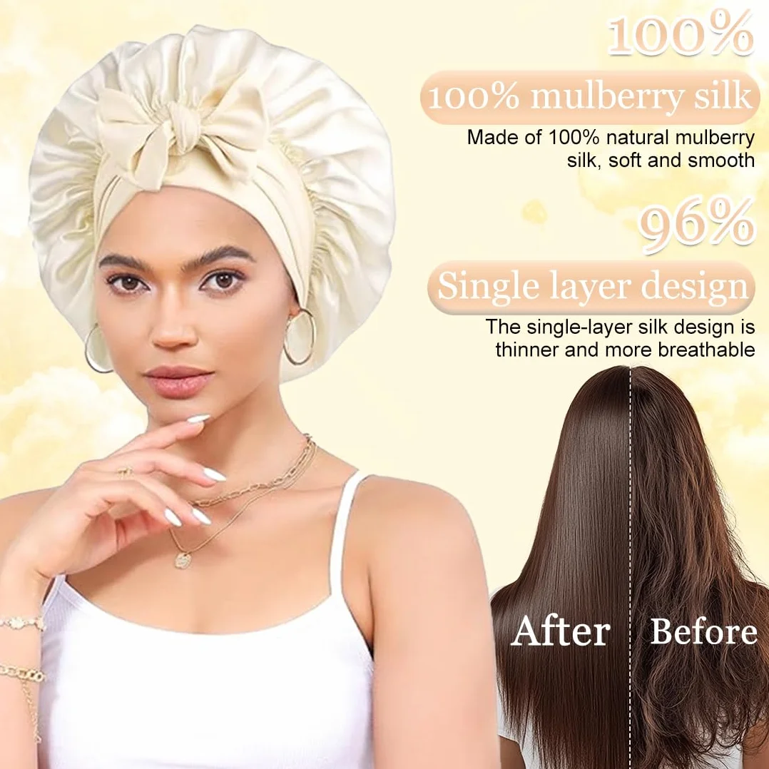 Bonnet en Soie Nuit pour Dormir, Bonnet de Nuit en Satin Ajustable, Bonet Soie Cheveux Femmes Couchage Maquillage (Blanc)