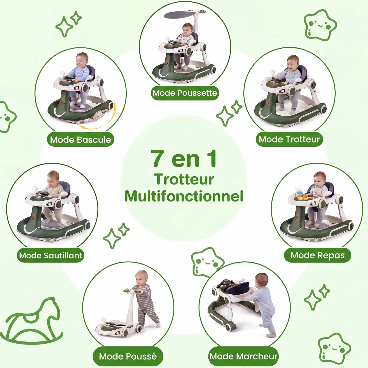 COSTWAY Trotteur Bébé Pliable 7 en 1 avec Mode Bascule et Sautillant, Hauteur Réglable, Musique et Lumière, Charge 12kg, 7-18 Mois (Vert)