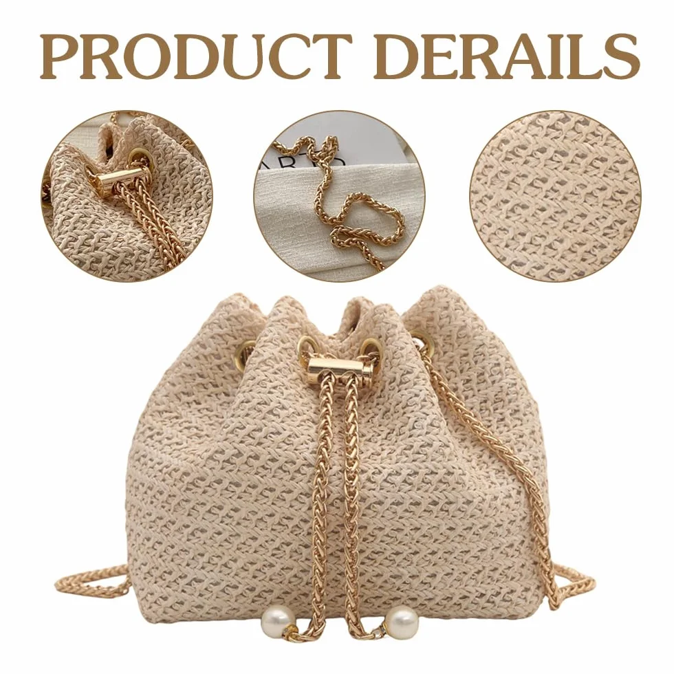 Sac à Main Femme Pochette en Paille Tissée Plage d'Été Sac à Bandoulière Chaîne Métal