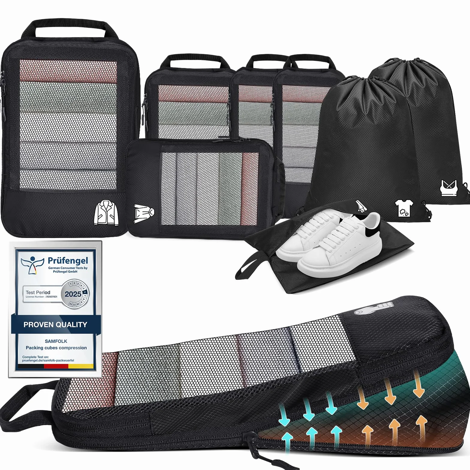 Sac Compression Voyage Organisateur Valise 8 Pièces Packing Cubes Rangement Noir