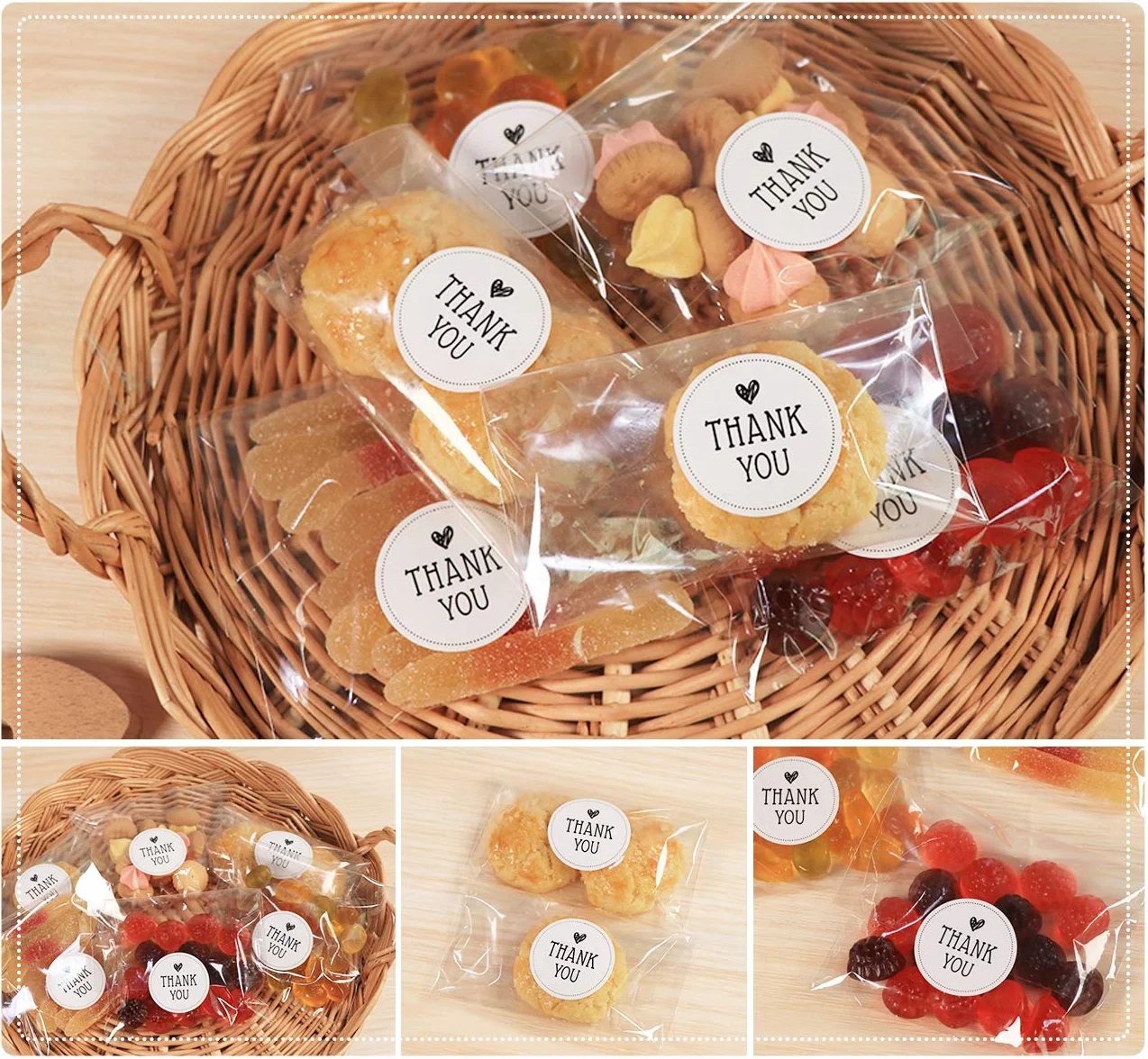 Sachets Cadeaux Transparents OPP 15x10cm avec Liens Dorés 200pcs