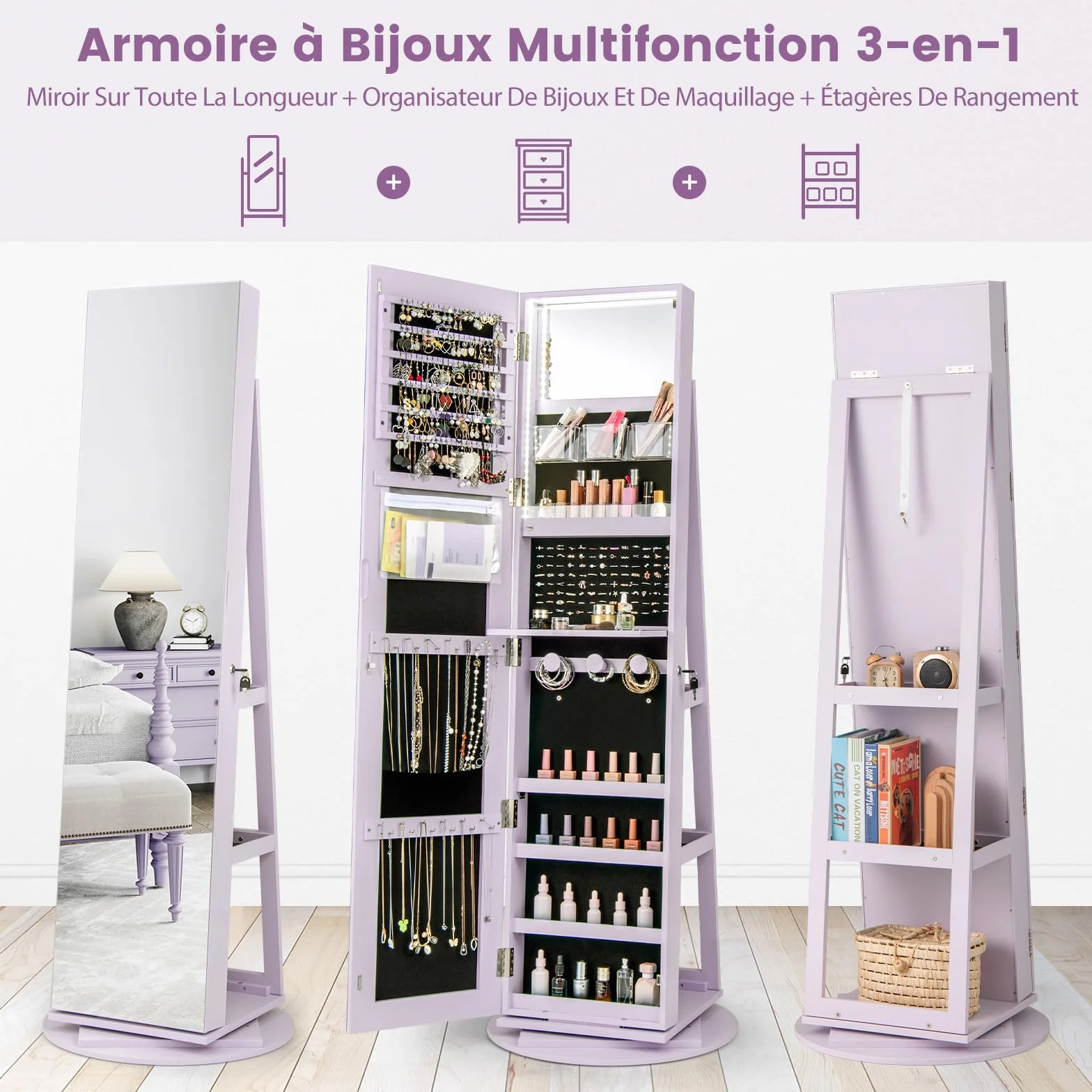 COSTWAY Armoire à Bijoux Pivotante 360° avec Miroir Pleine Longueur et Lumières LED 3 Couleurs, Style Nordique Violet
